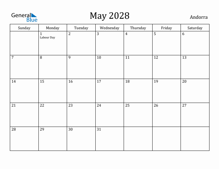 May 2028 Calendar Andorra