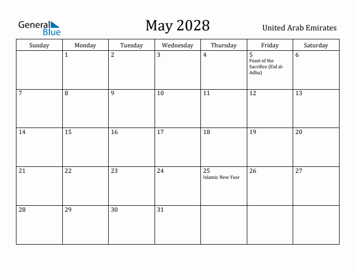 May 2028 Calendar United Arab Emirates