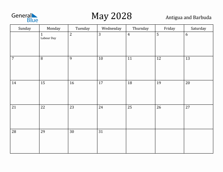 May 2028 Calendar Antigua and Barbuda