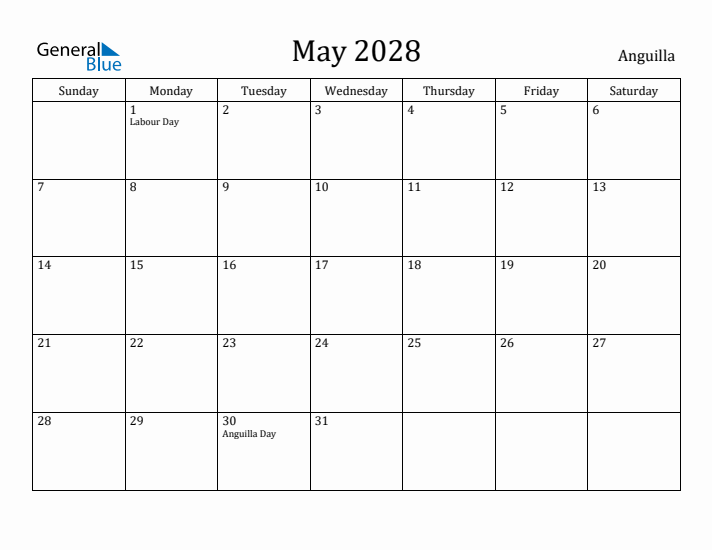 May 2028 Calendar Anguilla
