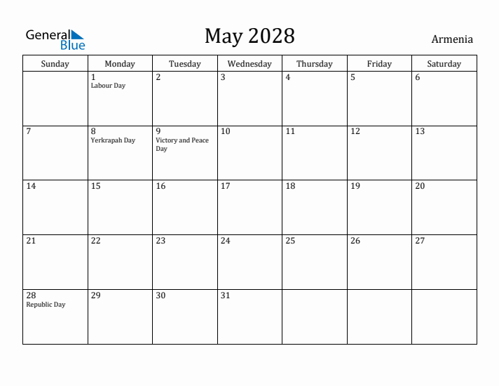 May 2028 Calendar Armenia