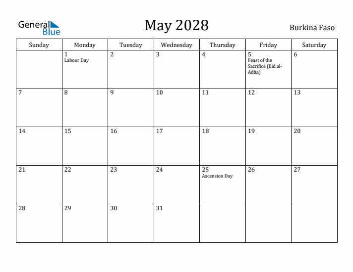 May 2028 Calendar Burkina Faso