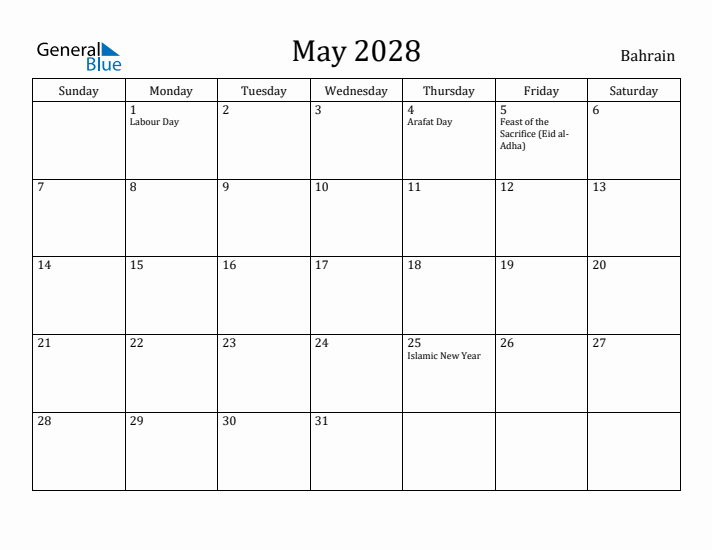 May 2028 Calendar Bahrain