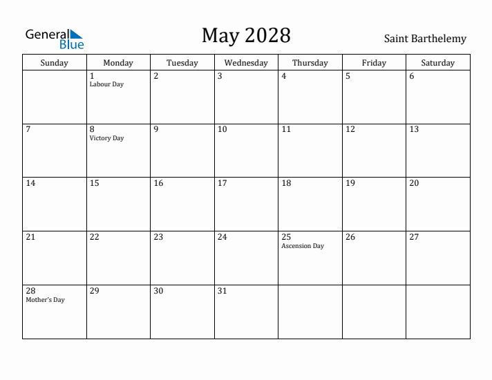 May 2028 Calendar Saint Barthelemy