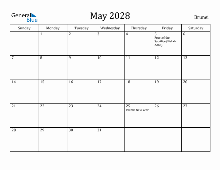 May 2028 Calendar Brunei