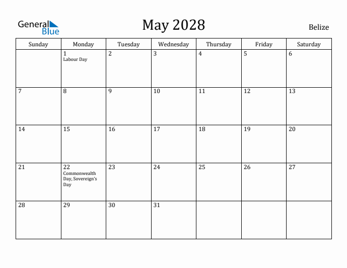 May 2028 Calendar Belize