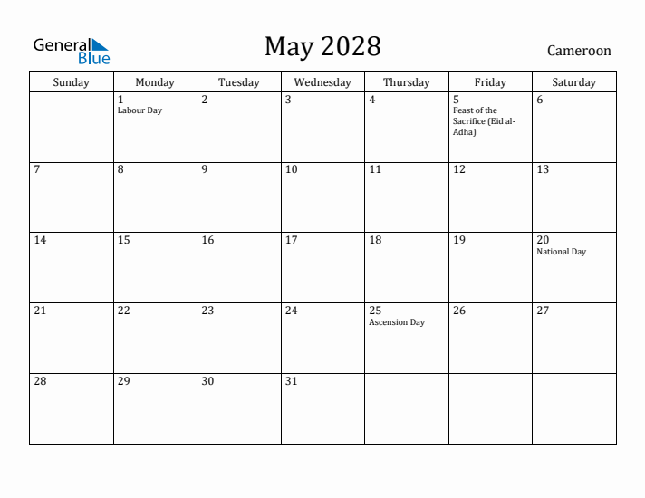 May 2028 Calendar Cameroon
