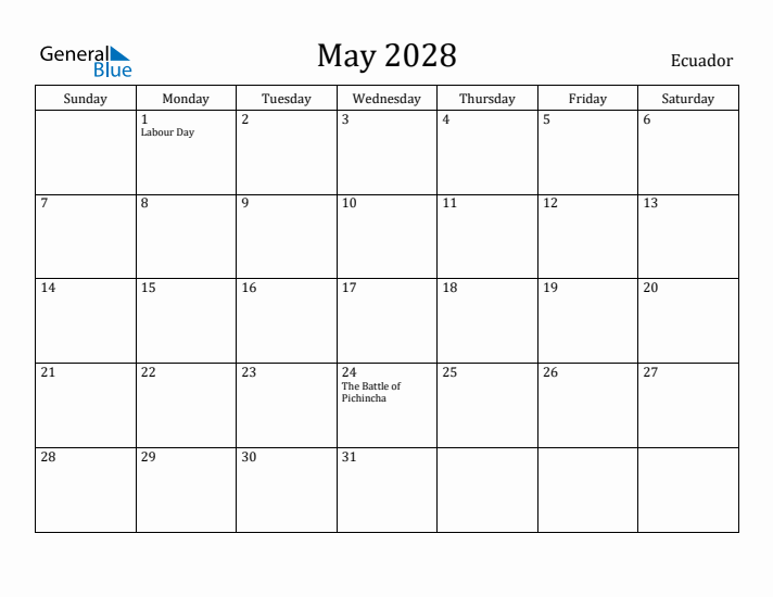 May 2028 Calendar Ecuador