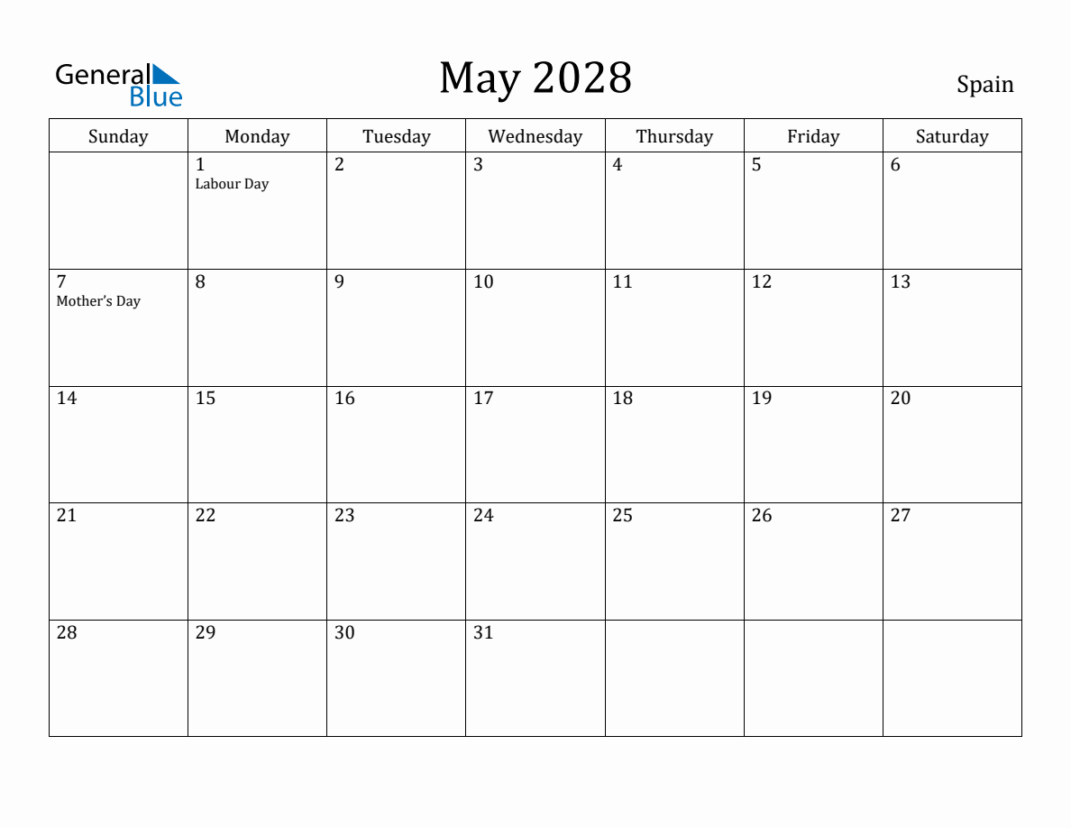 May 2028 Monthly Calendar with Spain Holidays