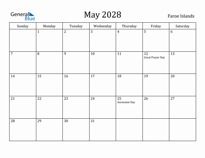 May 2028 Calendar Faroe Islands