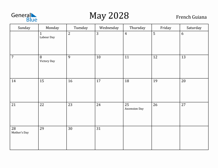 May 2028 Calendar French Guiana
