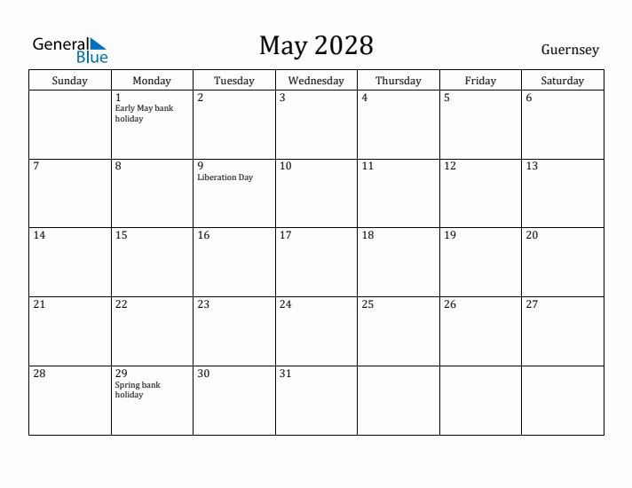 May 2028 Calendar Guernsey