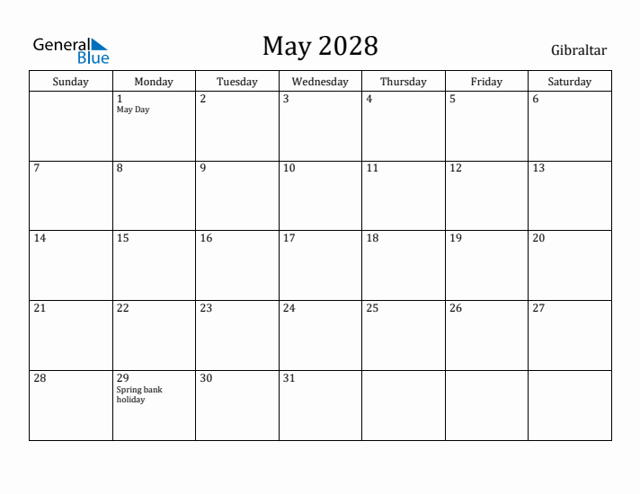 May 2028 Calendar Gibraltar