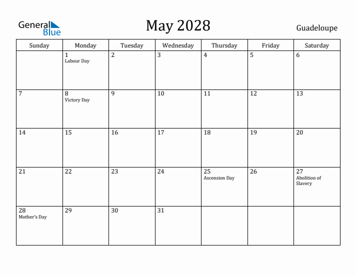May 2028 Calendar Guadeloupe
