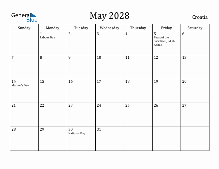 May 2028 Calendar Croatia