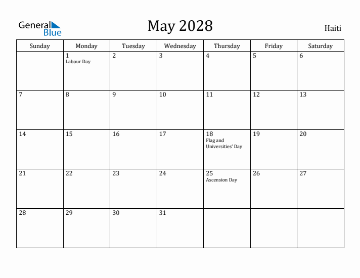 May 2028 Calendar Haiti