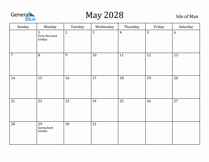May 2028 Calendar Isle of Man
