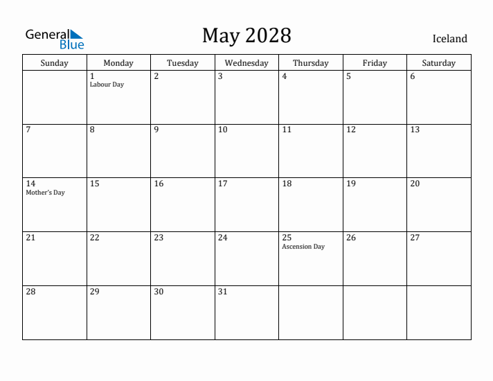May 2028 Calendar Iceland