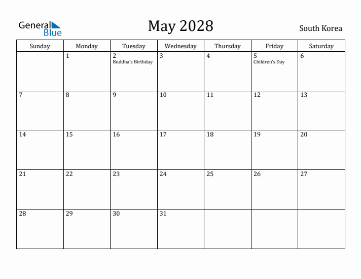May 2028 Calendar South Korea