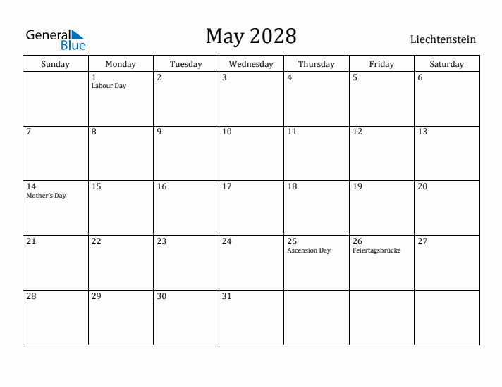 May 2028 Calendar Liechtenstein