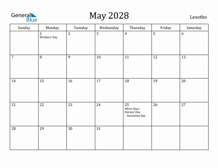 May 2028 Calendar Lesotho
