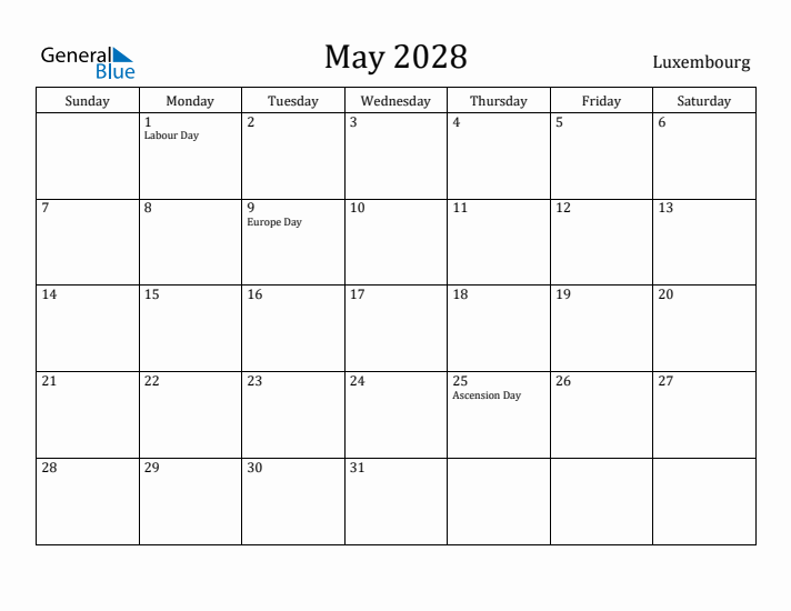 May 2028 Calendar Luxembourg