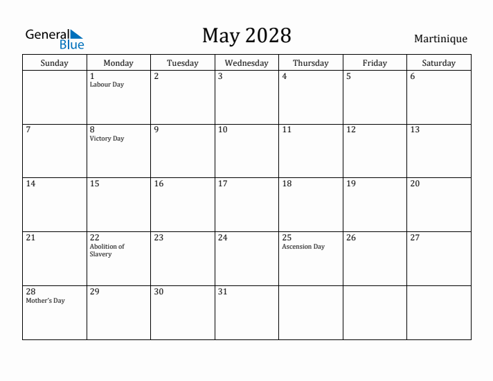 May 2028 Calendar Martinique