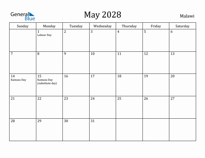 May 2028 Calendar Malawi