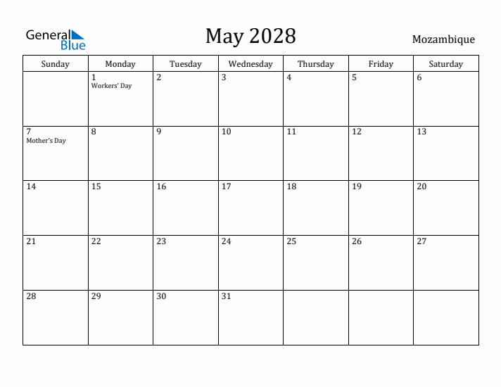 May 2028 Calendar Mozambique