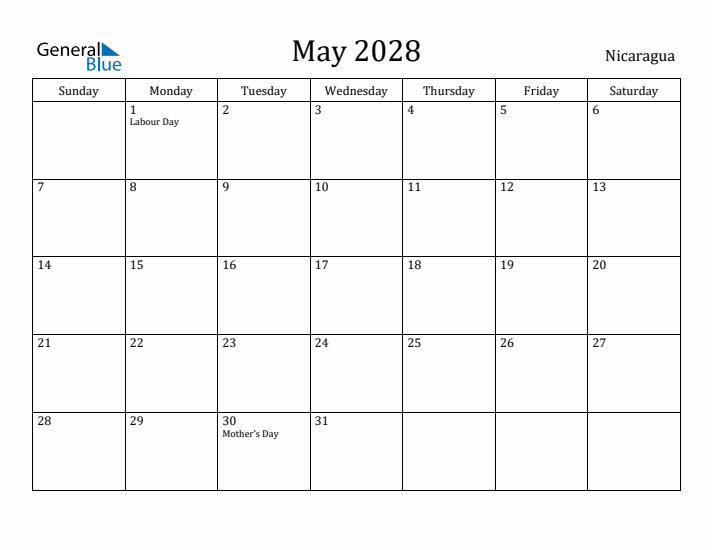 May 2028 Calendar Nicaragua