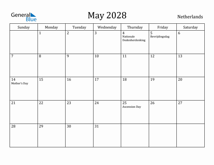 May 2028 Calendar The Netherlands