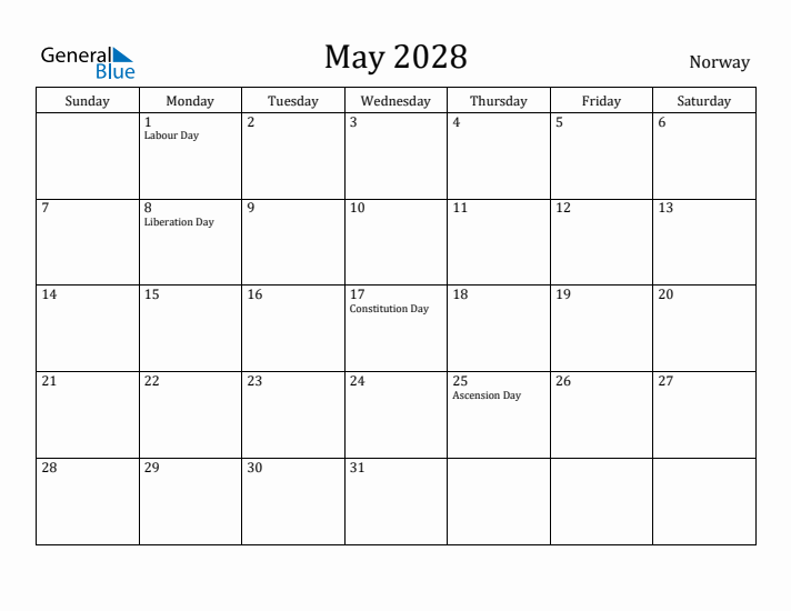 May 2028 Calendar Norway