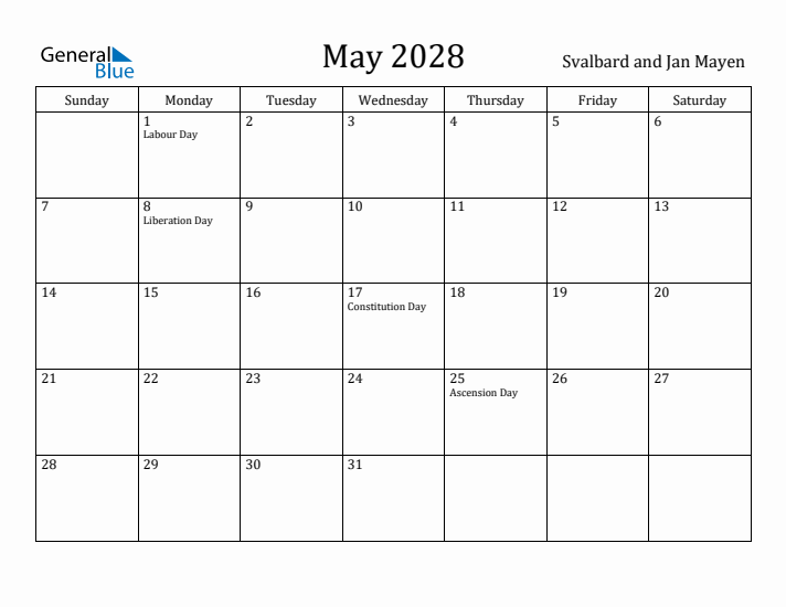 May 2028 Calendar Svalbard and Jan Mayen