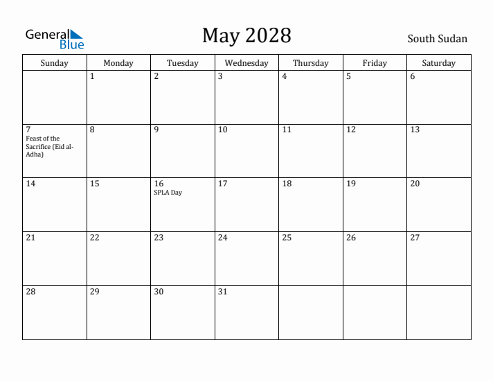 May 2028 Calendar South Sudan