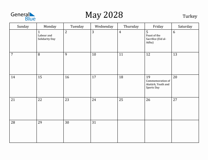 May 2028 Calendar Turkey