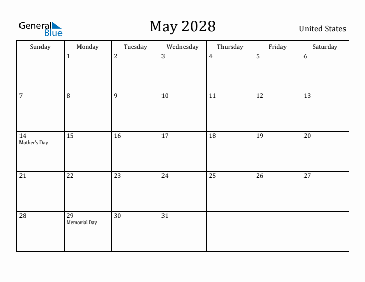 May 2028 Calendar United States