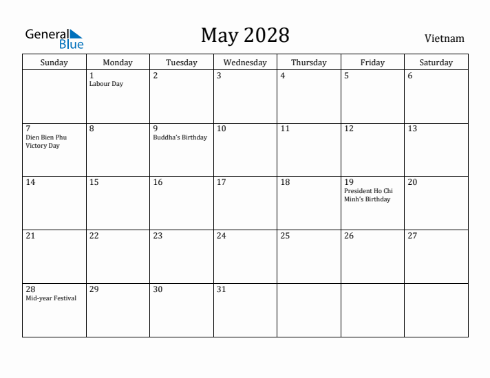 May 2028 Calendar Vietnam