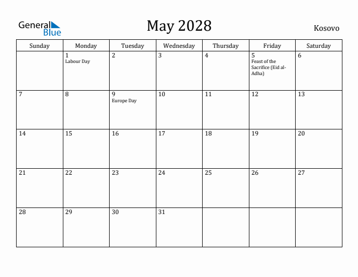 May 2028 Calendar Kosovo
