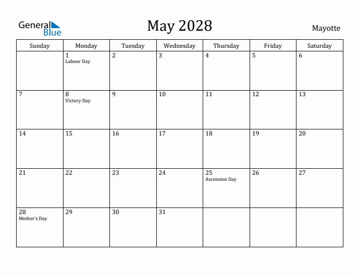 May 2028 Calendar Mayotte