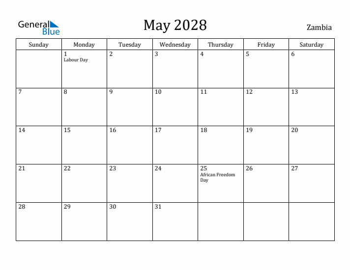 May 2028 Calendar Zambia
