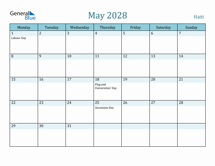 May 2028 Calendar with Holidays