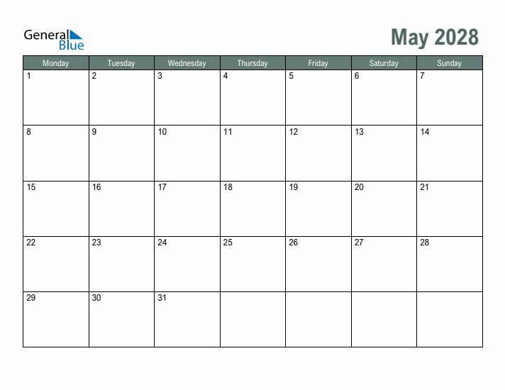 Free Printable May 2028 Calendar