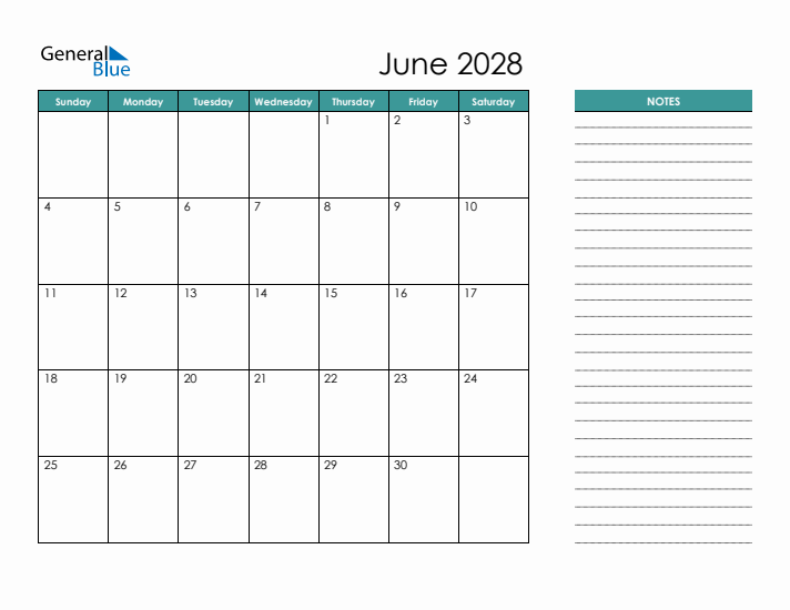 June 2028 Calendar with Notes