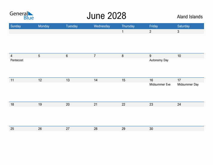 Editable June 2028 Calendar With Aland Islands Holidays