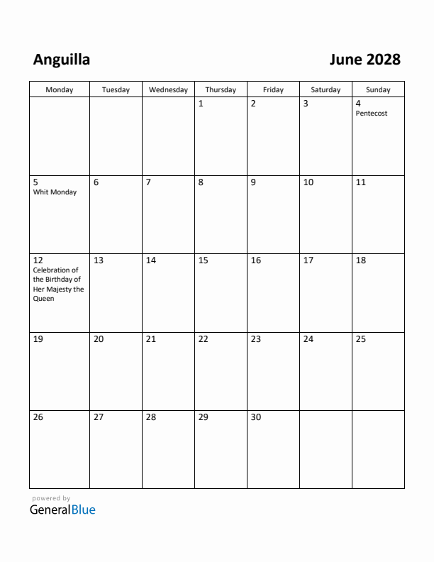 June 2028 Calendar with Anguilla Holidays