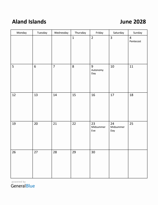 June 2028 Calendar with Aland Islands Holidays