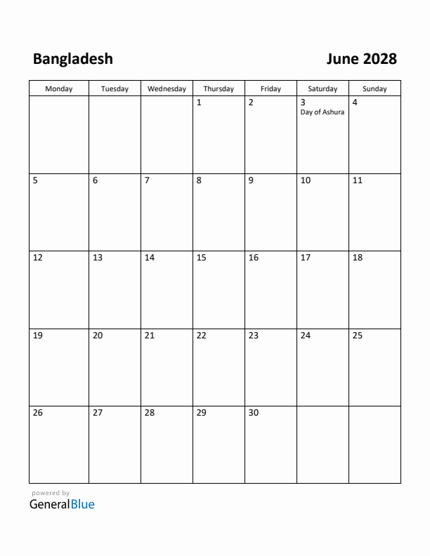 June 2028 Calendar with Bangladesh Holidays