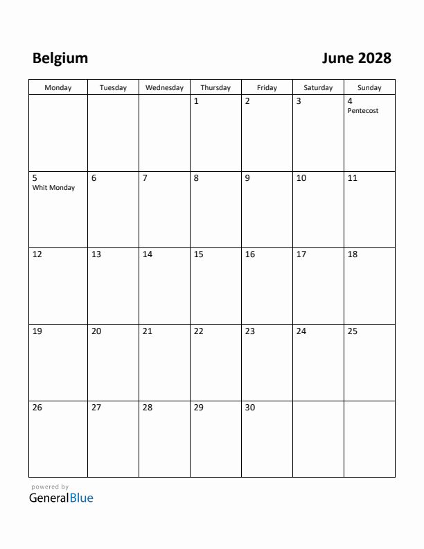 June 2028 Calendar with Belgium Holidays