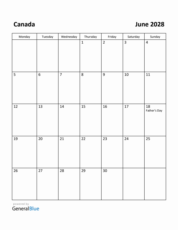 June 2028 Calendar with Canada Holidays