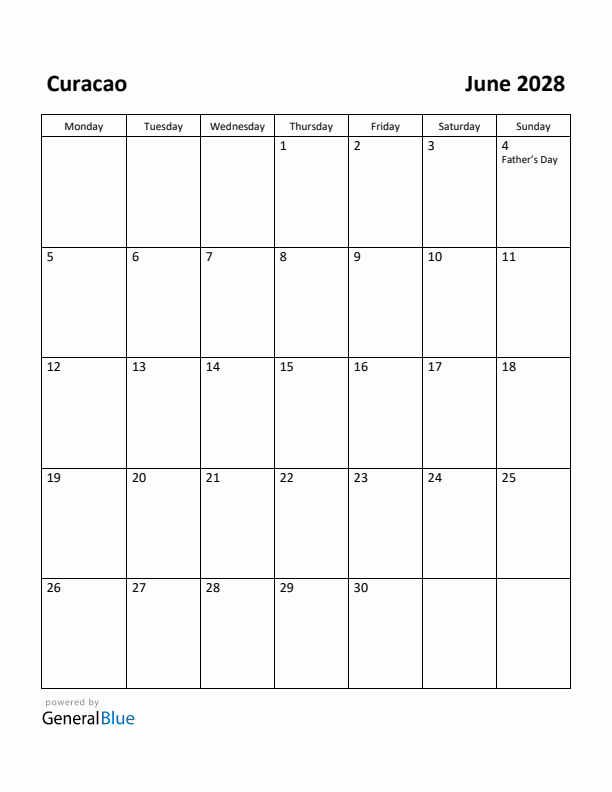 June 2028 Calendar with Curacao Holidays